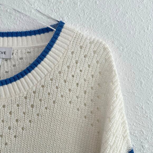 Evereve Mara Pullover Sweater Women Large White Blue Stripe Knit Crewneck Cotton - Picture 4 of 8